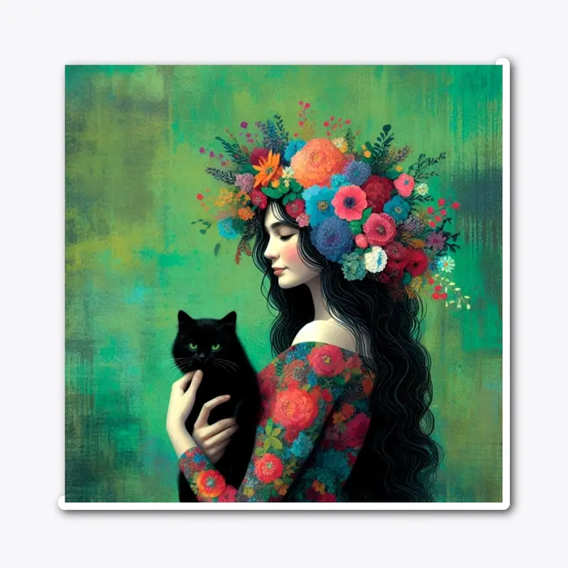 Watercolor Flowral Girl with Cat Poster 