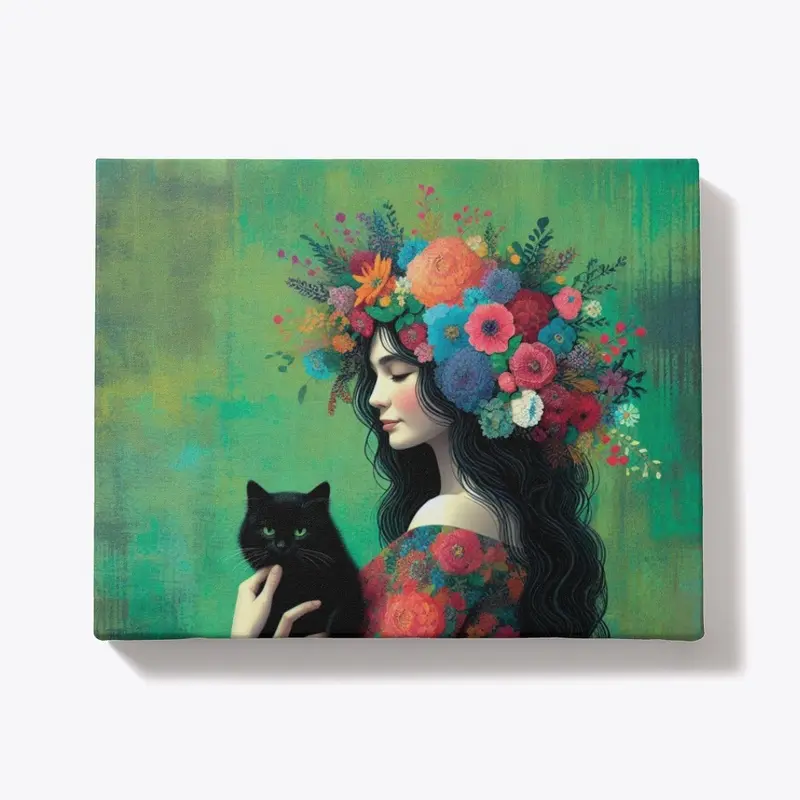 Watercolor Flowral Girl with Cat Poster 