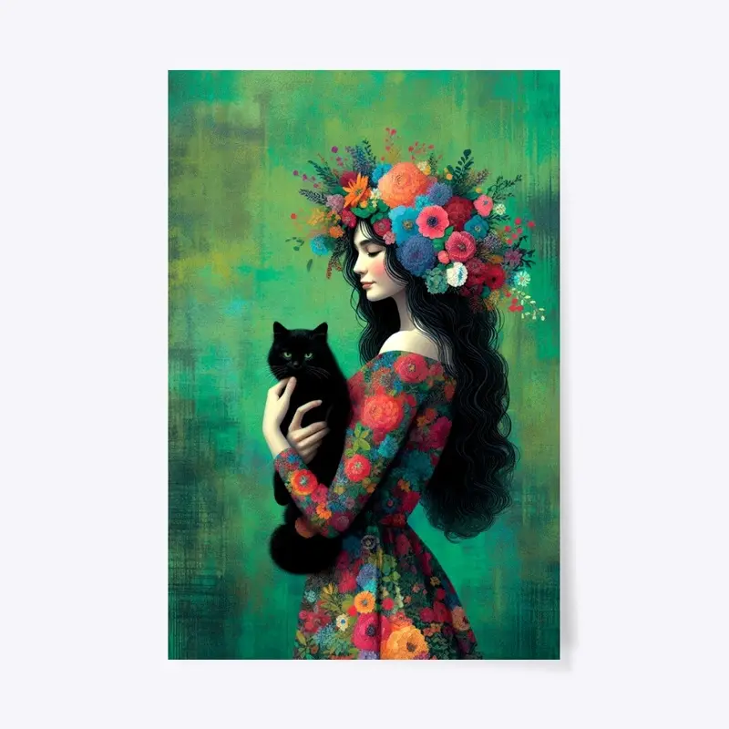 Watercolor Flowral Girl with Cat Poster 