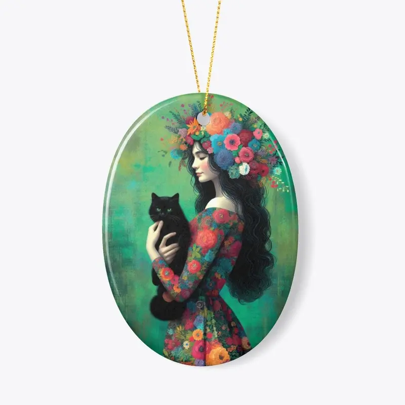 Watercolor Flowral Girl with Cat Poster 