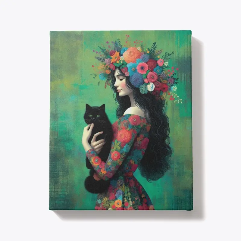 Watercolor Flowral Girl with Cat Poster 